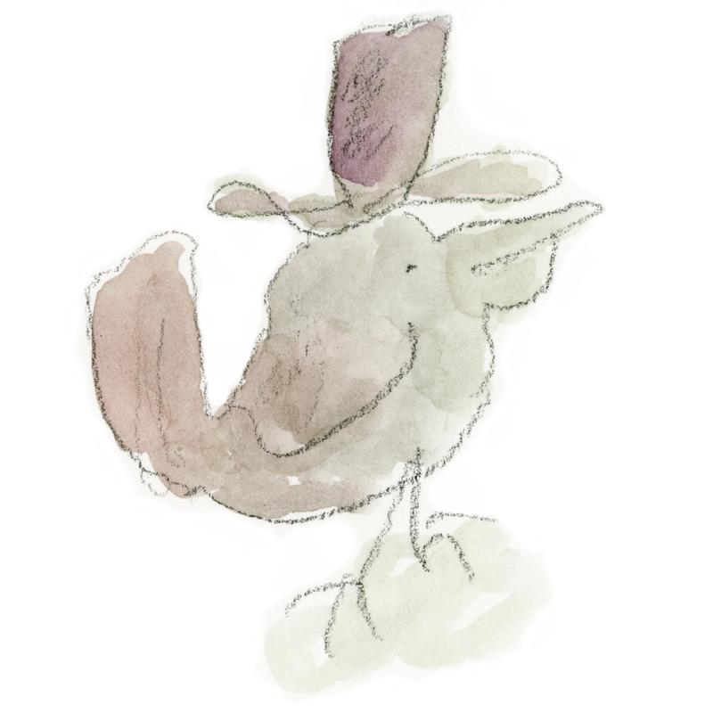 A quick watercolor wash and sketchy pencil doodle of a whimsical bird, wearing a tall top hat.