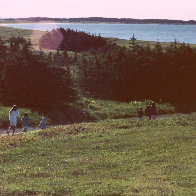 Nolan Franklin with his siblings and cousins walking down a grassy dirt road toward the ocean in Cape Breton, with spruce trees, meadow, and blue water in the distance.